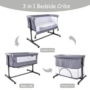 Baby Bassinet Bedside Sleeper, 3 in 1 Bedside Crib with Storage Basket, Easy to Assemble Baby Cradle, with Wheels, Adjustable Height, Mattress, Mosquito Nets