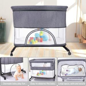 Baby Bassinet Bedside Sleeper, 3 in 1 Bedside Crib with Storage Basket, Easy to Assemble Baby Cradle, with Wheels, Adjustable Height, Mattress, Mosquito Nets