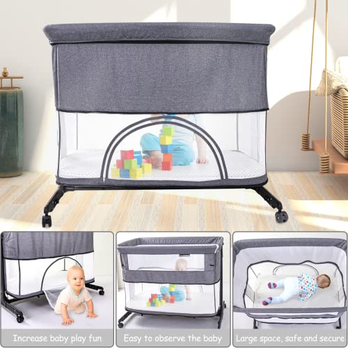 Baby Bassinet Bedside Sleeper, 3 in 1 Bedside Crib with Storage Basket, Easy to Assemble Baby Cradle, with Wheels, Adjustable Height, Mattress, Mosquito Nets