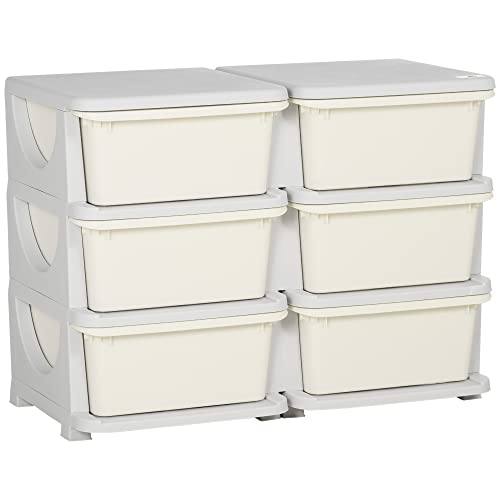 Qaba 3 Tier Kids Storage Unit, 6 Drawer Chest Toy Organizer Plastic Bins for Kids Bedroom Nursery Kindergarten Living Room for Boys Girls Toddlers, Cream