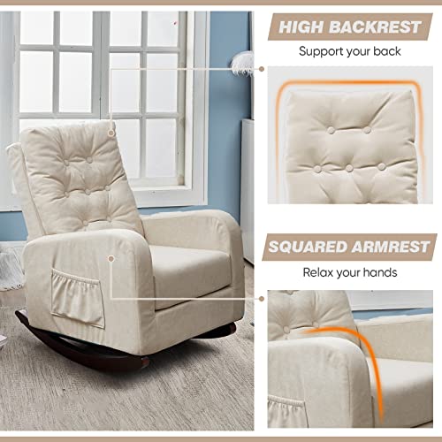 Deolme Velvet Rocking Chair, Upholstered Glider Rocker Accent Chair, Modern Armchair with High Back for Nursery, Comfy Side Chair for Living Room, Bedroom (Beige)