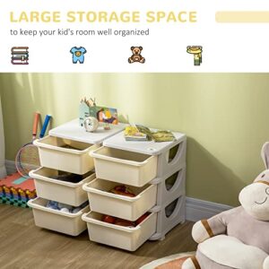 Qaba 3 Tier Kids Storage Unit, 6 Drawer Chest Toy Organizer Plastic Bins for Kids Bedroom Nursery Kindergarten Living Room for Boys Girls Toddlers, Cream