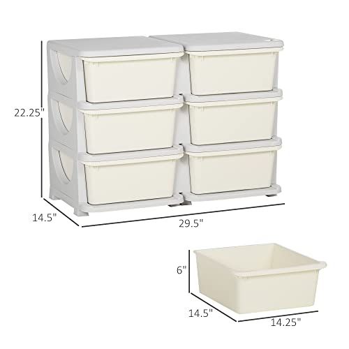 Qaba 3 Tier Kids Storage Unit, 6 Drawer Chest Toy Organizer Plastic Bins for Kids Bedroom Nursery Kindergarten Living Room for Boys Girls Toddlers, Cream