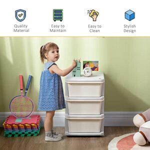 Qaba 3 Tier Kids Storage Unit Dresser Tower with Drawers Chest Toy Organizer for Bedroom Nursery Kindergarten Living Room for Boys Girls Toddlers, Cream White