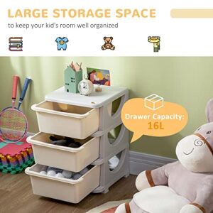 Qaba 3 Tier Kids Storage Unit Dresser Tower with Drawers Chest Toy Organizer for Bedroom Nursery Kindergarten Living Room for Boys Girls Toddlers, Cream White