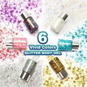 AIDUCHO 6 Colors Body Glitter Gel for Women Girls Chunky Glitter Gel for Face Hair Eyes Nails Lip Mermaid Makeup Long Lasting & Quick Drying Sparkling Festival Glitter with 2 Brush, 20ml*6