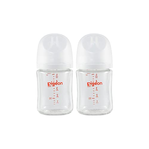 Pigeon Glass Nursing Bottle Wide Neck, Streamlined Body, Natural Feel, Easy to Clean, Heat-Resistant, 5.4 Oz(Pack of 2), Includes 2pcs SS Nipples (0m+)