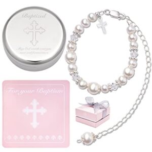 tryuunion baptism bracelet in sterling silver and cultured pearls for baby girls, with silver-plated jewelry keepsake box, great catholic christening and baptism gifts for girl (baptism-girl)