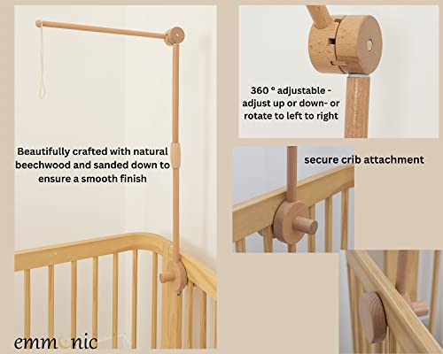 Adjustable Wooden Crib Mobile Arm - 31 inch Baby Mobile Hanger - Made of Beechwood + Strong Silicone Gasket for Secure Crib Attachment - EmmnNic