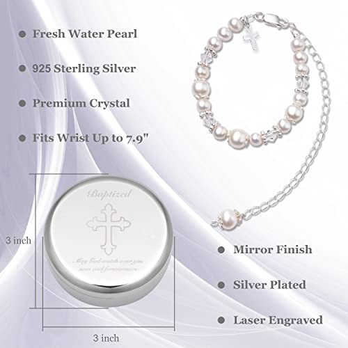 Tryuunion Baptism Bracelet in Sterling Silver and Cultured Pearls for Baby Girls, with Silver-plated Jewelry Keepsake Box, Great Catholic Christening and Baptism Gifts for Girl (Baptism-Girl)