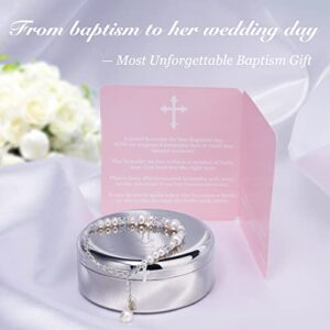 Tryuunion Baptism Bracelet in Sterling Silver and Cultured Pearls for Baby Girls, with Silver-plated Jewelry Keepsake Box, Great Catholic Christening and Baptism Gifts for Girl (Baptism-Girl)