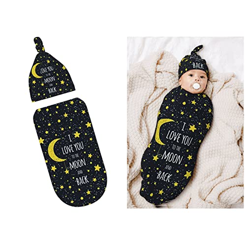 I Love You to The Moon and Back Newborn Swaddle Blankets Hat Sets Soft Stretchy Star Space Baby Stuff Receiving Blanket Gifts for Infant Baby Boy Girl