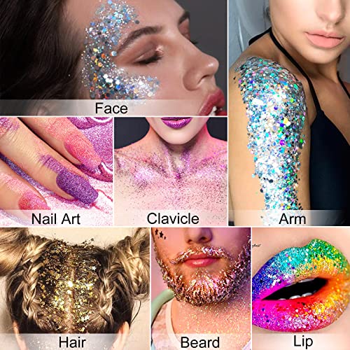 Mermaid Sequins Body Glitter Gel for Face, Skin, Hair, Eyeshadow, Nail, Long Lasting Waterproof Holographic Chunky Face Glitter Party Makeup for Festival Rave, Wedding, Stage Show (Laser White #9)