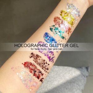 Mermaid Sequins Body Glitter Gel for Face, Skin, Hair, Eyeshadow, Nail, Long Lasting Waterproof Holographic Chunky Face Glitter Party Makeup for Festival Rave, Wedding, Stage Show (Laser White #9)