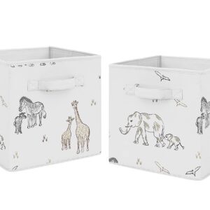 Sweet Jojo Designs Jungle Safari Animals Foldable Fabric Storage Cube Bins Boxes Organizer Toys Baby Taupe Black and White Gender Neutral Elephant Giraffe Wildlife Adventure Zebra Serengeti - Set of 2