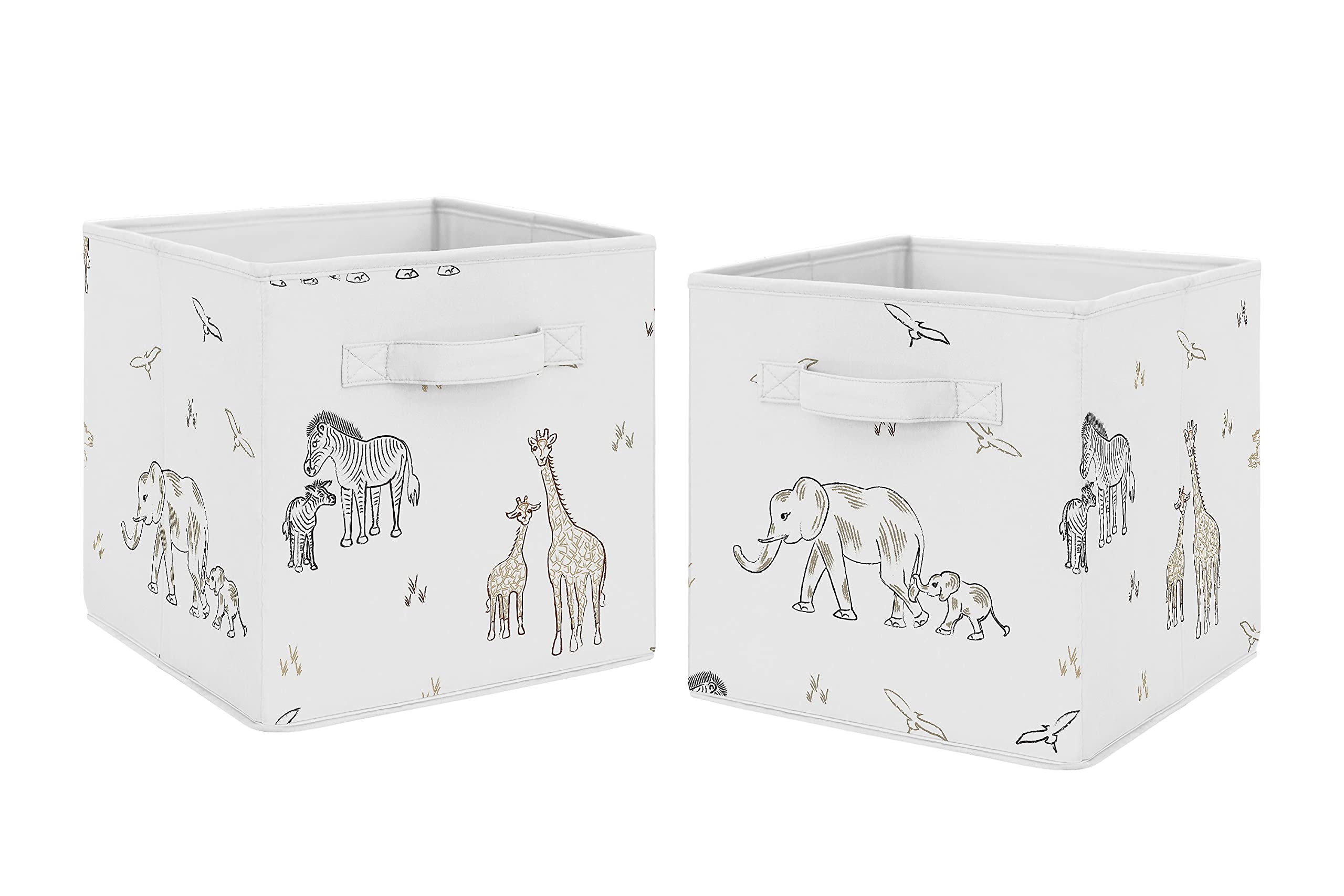 Sweet Jojo Designs Jungle Safari Animals Foldable Fabric Storage Cube Bins Boxes Organizer Toys Baby Taupe Black and White Gender Neutral Elephant Giraffe Wildlife Adventure Zebra Serengeti - Set of 2