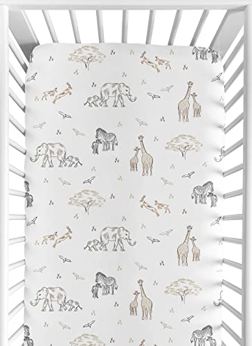 Sweet Jojo Designs Jungle Safari Animals Boy Girl Fitted Crib Sheet Baby Toddler Nursery Brown Taupe Black and White Gender Neutral Animal Elephant Giraffe Wildlife Adventure Zebra Elephants Serengeti