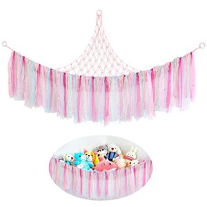 pink stuffed animal net hammock, toy hammock hanging stuffed for animal storage with tassels for for flat wall,nursery play room, kids girl bedroom decor