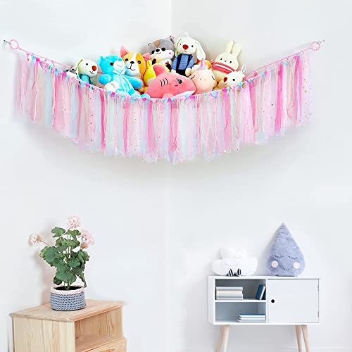 Pink Stuffed Animal Net Hammock, Toy Hammock Hanging Stuffed for Animal Storage with Tassels for for Flat Wall,Nursery Play Room, Kids Girl Bedroom Decor