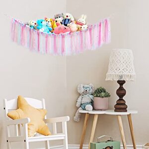 Pink Stuffed Animal Net Hammock, Toy Hammock Hanging Stuffed for Animal Storage with Tassels for for Flat Wall,Nursery Play Room, Kids Girl Bedroom Decor