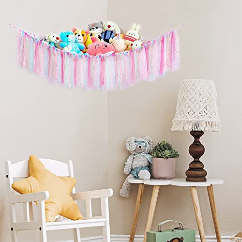 Pink Stuffed Animal Net Hammock, Toy Hammock Hanging Stuffed for Animal Storage with Tassels for for Flat Wall,Nursery Play Room, Kids Girl Bedroom Decor