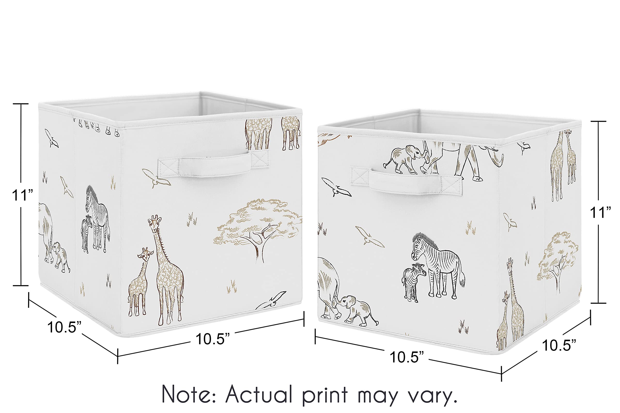 Sweet Jojo Designs Jungle Safari Animals Foldable Fabric Storage Cube Bins Boxes Organizer Toys Baby Taupe Black and White Gender Neutral Elephant Giraffe Wildlife Adventure Zebra Serengeti - Set of 2