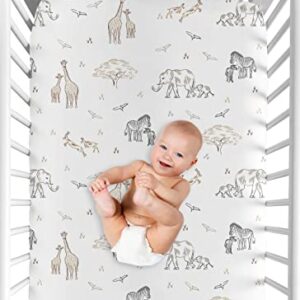 Sweet Jojo Designs Jungle Safari Animals Boy Girl Fitted Crib Sheet Baby Toddler Nursery Brown Taupe Black and White Gender Neutral Animal Elephant Giraffe Wildlife Adventure Zebra Elephants Serengeti