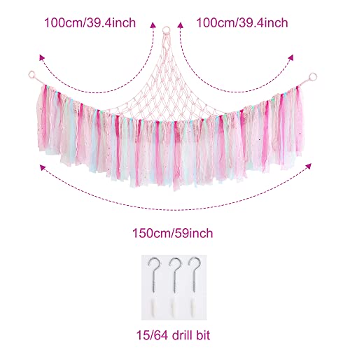 Pink Stuffed Animal Net Hammock, Toy Hammock Hanging Stuffed for Animal Storage with Tassels for for Flat Wall,Nursery Play Room, Kids Girl Bedroom Decor