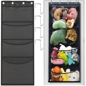 stuffed animal storage, over the door organizer storage for filling stuff toys, stuffed animals holder with 4 pockets, foldable portable durable hanging storage holder for room (black)