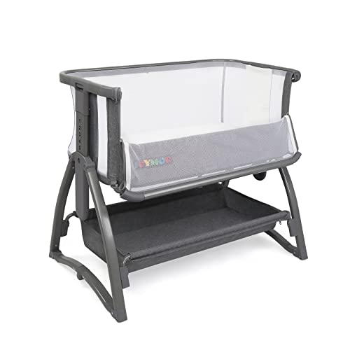 JOYMOR Bedside Sleeper Rocking Bassinet, Height Adjustable Breathable Net Bed Side Baby Cribs with Washable Mattress,Mosquito Net,Storage Basket for Infants, Gray