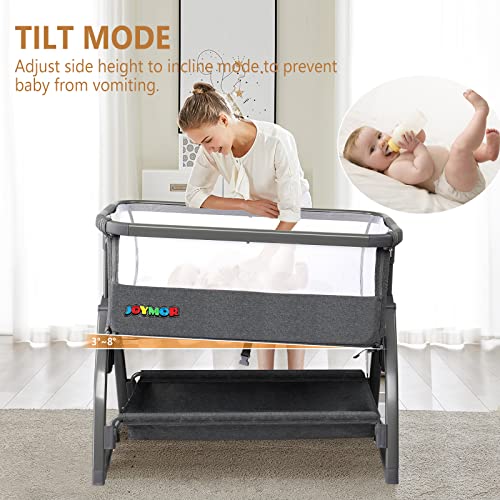JOYMOR Bedside Sleeper Rocking Bassinet, Height Adjustable Breathable Net Bed Side Baby Cribs with Washable Mattress,Mosquito Net,Storage Basket for Infants, Gray