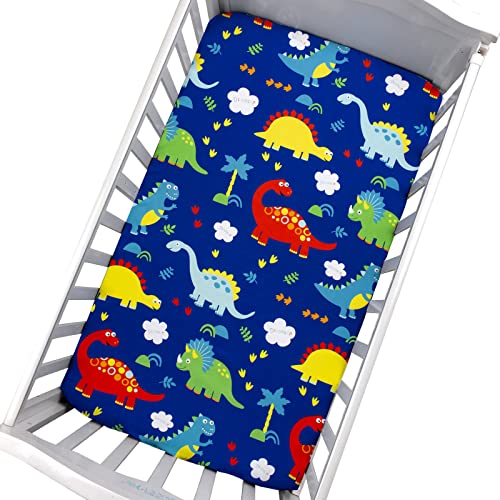 JISEN Baby Crib Sheets 2 Piece Portable Fitted Crib Sheet for Standard Crib and Toddler Mattresses Nursery Bed Decor for Boys Girls 28x52 Inch Grey/Blue Dinosaurs