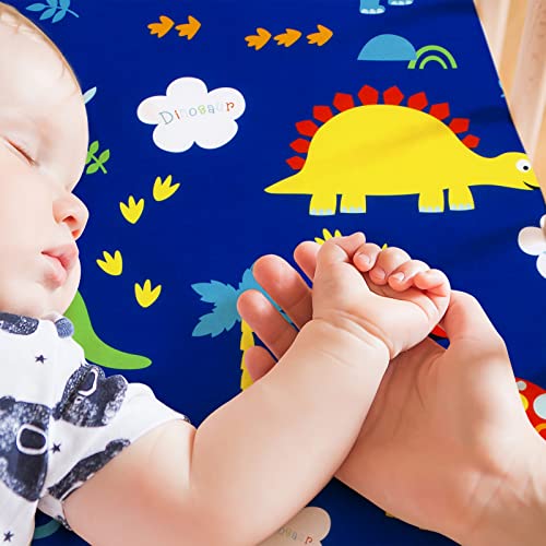 JISEN Baby Crib Sheets 2 Piece Portable Fitted Crib Sheet for Standard Crib and Toddler Mattresses Nursery Bed Decor for Boys Girls 28x52 Inch Grey/Blue Dinosaurs