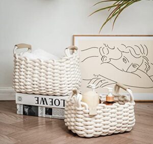 art pinecone 2 pack nursery basket set, cotton rope foldable baskets, hand woven cube storage bins for jewelry, remote, fruits, cute soft fabric basket, shelf storage basket(off-white)