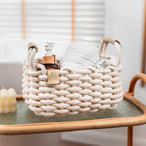 ART pinecone 2 Pack nursery basket set, Cotton Rope Foldable Baskets, Hand Woven cube Storage bins for Jewelry, Remote, Fruits, cute soft fabric basket, Shelf storage basket(Off-White)