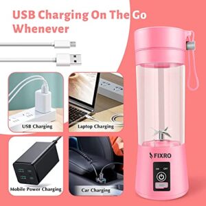 Portable Blender, Personal Blender for Smoothies and Shakes, Mini Fruit Juicer Cup Blender, Kitchen Personal Size Blender with USB Rechargeable, 380ml Traveling Fruit Juice, Veggie, Milk 6-3D Blades (Pink)