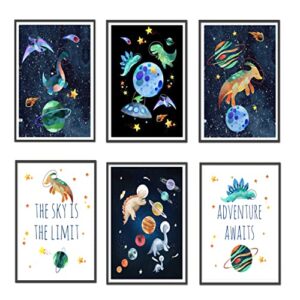 urroa set of 6 space dinosaur astronauts printable wall art, digital download, space nursery decor, outer space prints, dinos boy bedroom decor