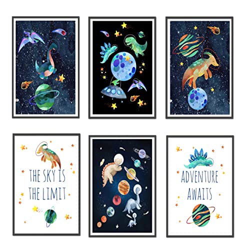 URROA Set of 6 Space Dinosaur Astronauts Printable Wall Art, Digital Download, Space Nursery Decor, Outer Space Prints, Dinos Boy Bedroom Decor