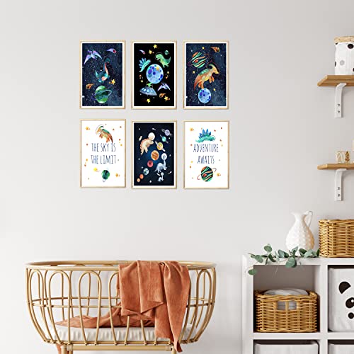 URROA Set of 6 Space Dinosaur Astronauts Printable Wall Art, Digital Download, Space Nursery Decor, Outer Space Prints, Dinos Boy Bedroom Decor