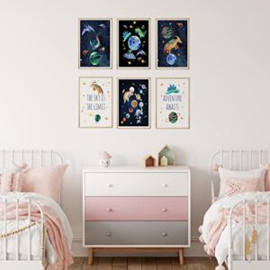 URROA Set of 6 Space Dinosaur Astronauts Printable Wall Art, Digital Download, Space Nursery Decor, Outer Space Prints, Dinos Boy Bedroom Decor