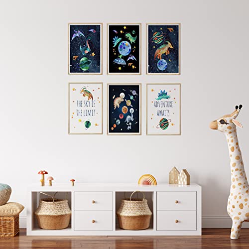 URROA Set of 6 Space Dinosaur Astronauts Printable Wall Art, Digital Download, Space Nursery Decor, Outer Space Prints, Dinos Boy Bedroom Decor