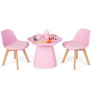 costzon kids table and chair set, 3 piece activity table with padded seat & beech legs for children drawing reading arts crafts, playroom, nursery, toddler table and chair set (pink)