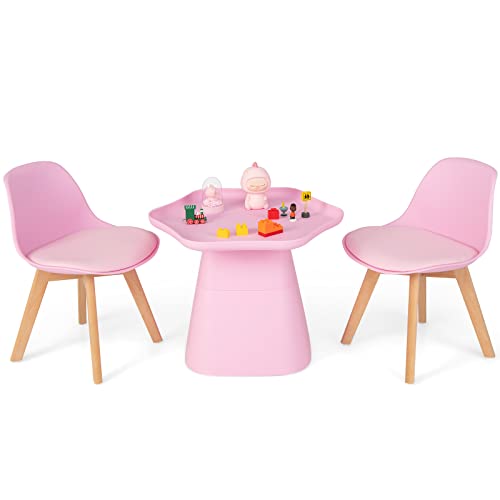 Costzon Kids Table and Chair Set, 3 Piece Activity Table with Padded Seat & Beech Legs for Children Drawing Reading Arts Crafts, Playroom, Nursery, Toddler Table and Chair Set (Pink)