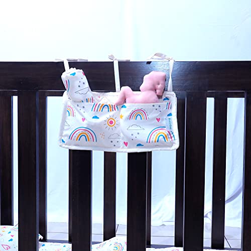 BABYS CARE Crib Nursery Organizer, 100% Organic Cotton 2 Pockets Organizer for Baby Essentials, Baby Cribs and Toys, Hanging Nursery Decor Baby Gifts (Rainbow, 12.5"x6.5", 0-6 Years)