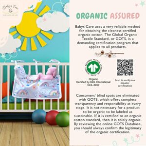 BABYS CARE Crib Nursery Organizer, 100% Organic Cotton 2 Pockets Organizer for Baby Essentials, Baby Cribs and Toys, Hanging Nursery Decor Baby Gifts (Rainbow, 12.5"x6.5", 0-6 Years)