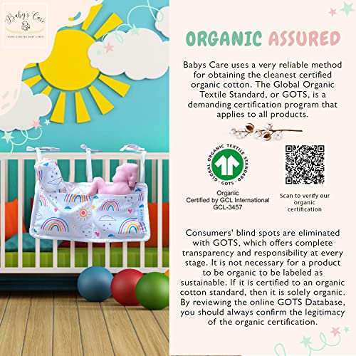 BABYS CARE Crib Nursery Organizer, 100% Organic Cotton 2 Pockets Organizer for Baby Essentials, Baby Cribs and Toys, Hanging Nursery Decor Baby Gifts (Rainbow, 12.5"x6.5", 0-6 Years)