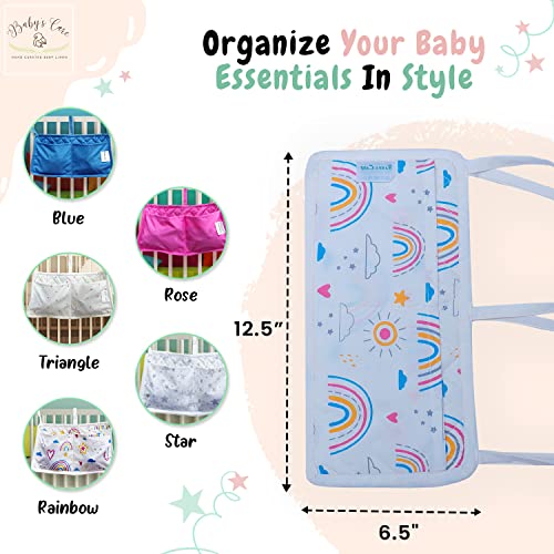 BABYS CARE Crib Nursery Organizer, 100% Organic Cotton 2 Pockets Organizer for Baby Essentials, Baby Cribs and Toys, Hanging Nursery Decor Baby Gifts (Rainbow, 12.5"x6.5", 0-6 Years)