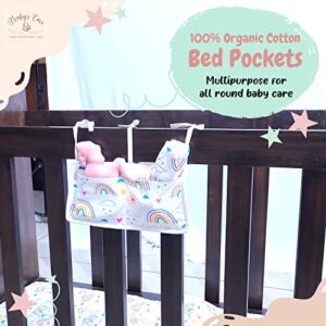 BABYS CARE Crib Nursery Organizer, 100% Organic Cotton 2 Pockets Organizer for Baby Essentials, Baby Cribs and Toys, Hanging Nursery Decor Baby Gifts (Rainbow, 12.5"x6.5", 0-6 Years)