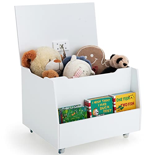 HONEY JOY Kids Wooden Toy Box, 3-In 1 Large Toy Storage Chest with Bookshelf, Flip-Top Lid, Safety Hinge & Cut-out Handle, Toddler Toy Storage Bench with Wheels, for Nursery, Bedroom, Playroom, White