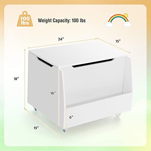 HONEY JOY Kids Wooden Toy Box, 3-In 1 Large Toy Storage Chest with Bookshelf, Flip-Top Lid, Safety Hinge & Cut-out Handle, Toddler Toy Storage Bench with Wheels, for Nursery, Bedroom, Playroom, White